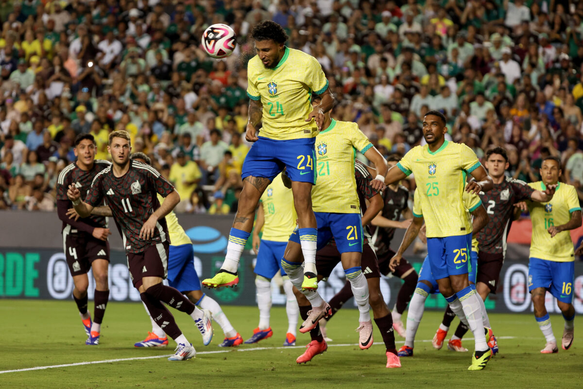 COLLEGE STATION, TEXAS - JUNE 08: Ederson Da Silva #24 of Brazil defends a corner kick in the second half against Mexico during an international friendly at Kyle Field on June 08, 2024 in College Station, Texas. (Photo by Tim Warner/Getty Images)