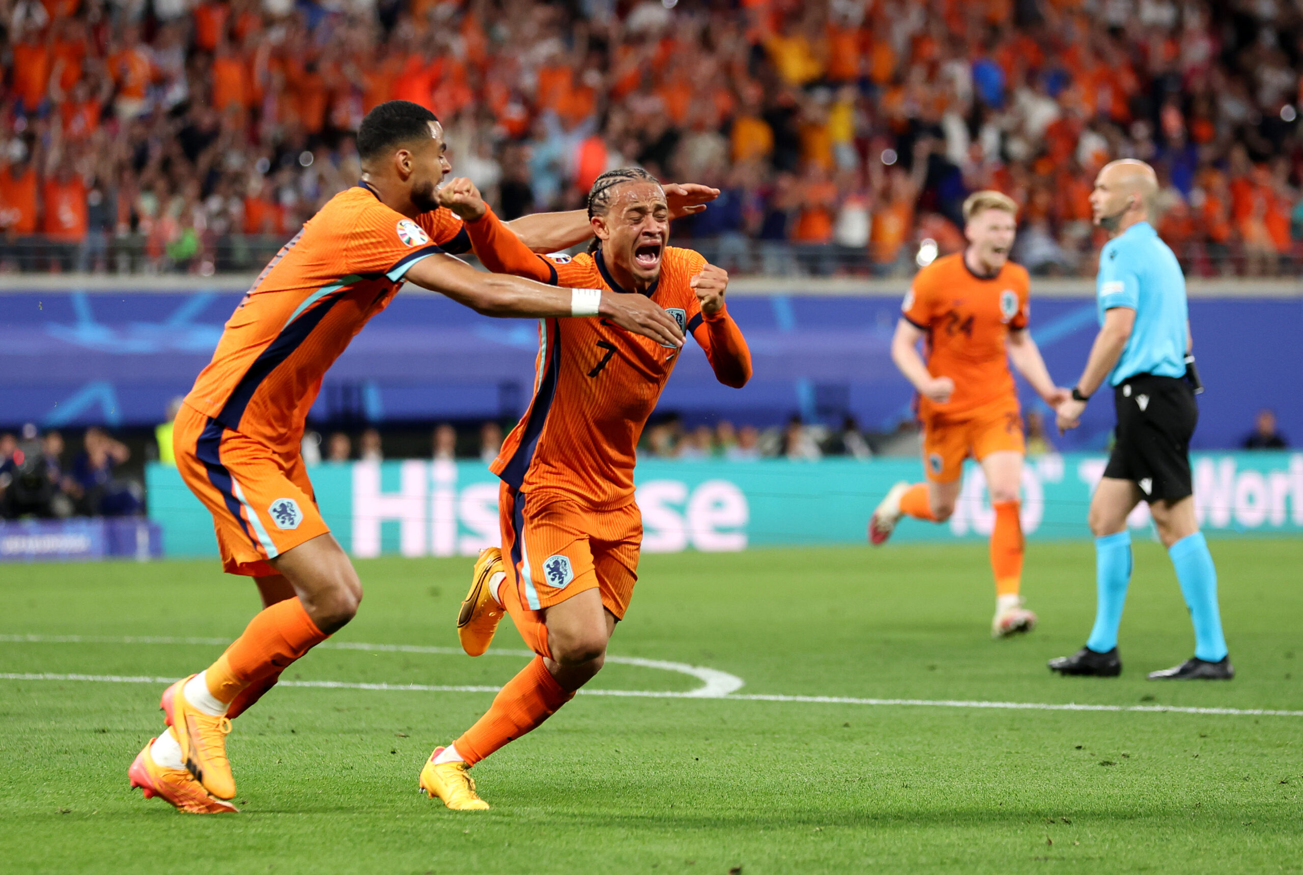 LEIPZIG, GERMANY - JUNE 21: Xavi Simons of the Netherlands celebrates scoring a goal which is later disallowed after a VAR review for offside during the UEFA EURO 2024 group stage match between Netherlands and France at Football Stadium Leipzig on June 21, 2024 in Leipzig, Germany. (Photo by Carl Recine/Getty Images)