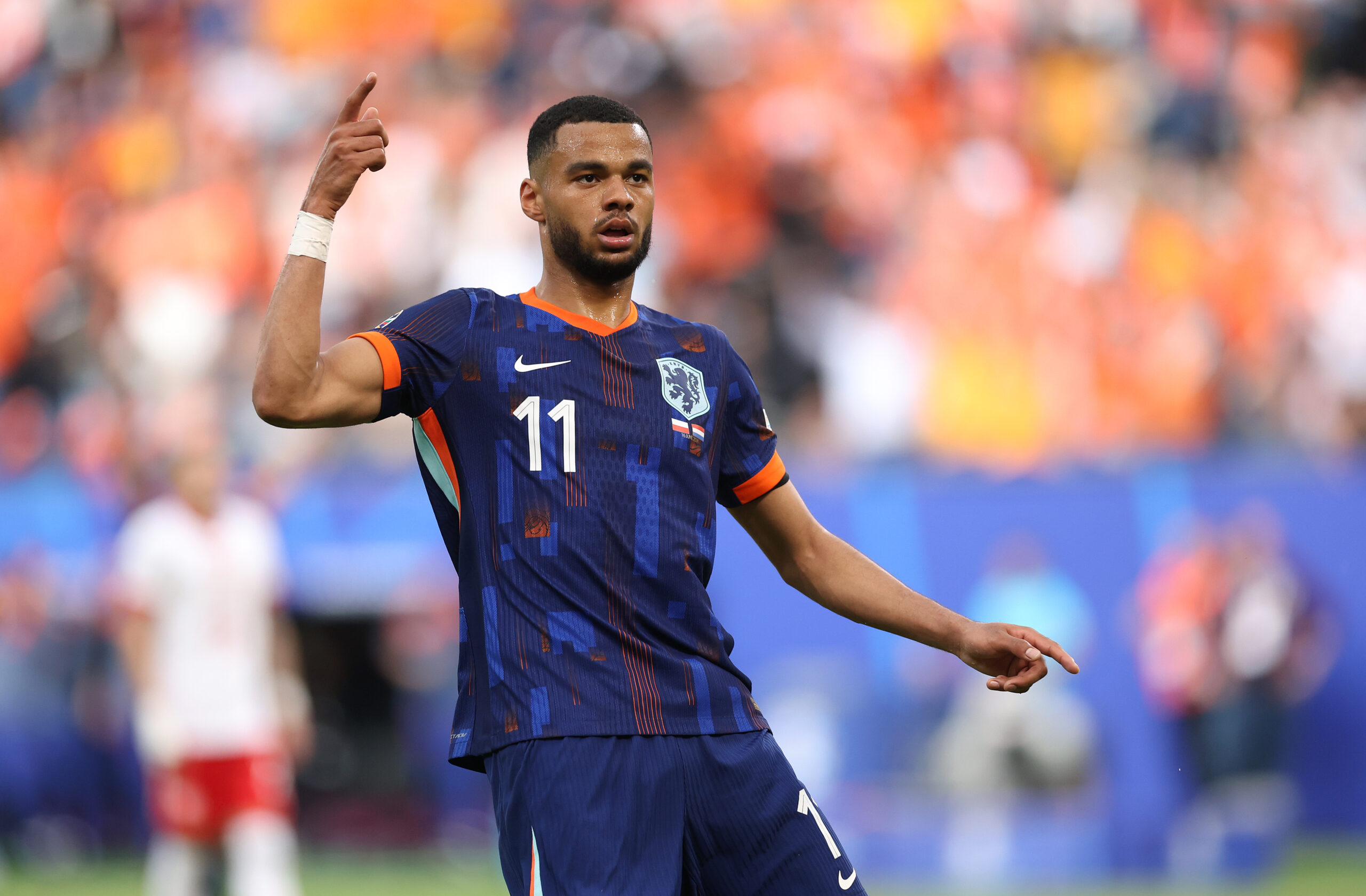 HAMBURG, GERMANY - JUNE 16: Cody Gakpo of the Netherlands celebrates scoring his team's first goal past Wojciech Szczesny of Poland during the UEFA EURO 2024 group stage match between Poland and Netherlands at Volksparkstadion on June 16, 2024 in Hamburg, Germany. (Photo by Julian Finney/Getty Images)