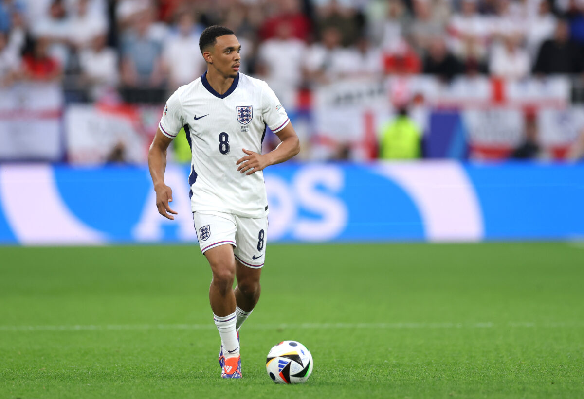 GELSENKIRCHEN, GERMANY - JUNE 16: Trent Alexander-Arnold of England controls the ball during the UEFA EURO 2024 group stage match between Serbia and England at Arena Auf Schalke on June 16, 2024 in Gelsenkirchen, Germany. (Photo by Lars Baron/Getty Images)