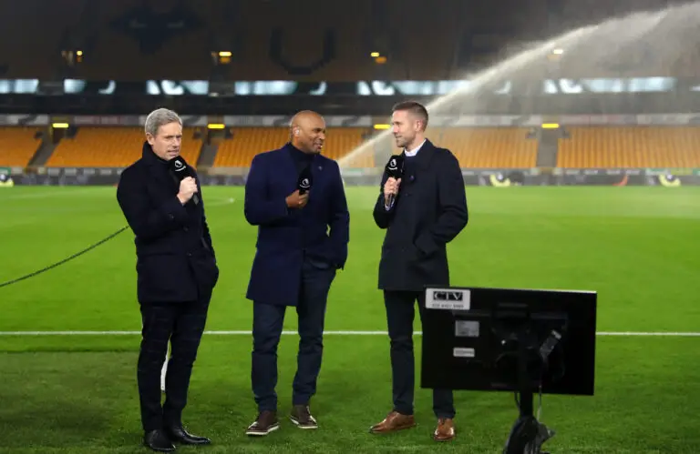 WOLVERHAMPTON, ENGLAND - DECEMBER 04: Matt Smith, Clinton Morrison and Matthew Upson report pitchside for Amazon Prime television ahead of the Premier League match between Wolverhampton Wanderers and West Ham United at Molineux on December 04, 2019 in Wolverhampton, United Kingdom. (Photo by Catherine Ivill/Getty Images)