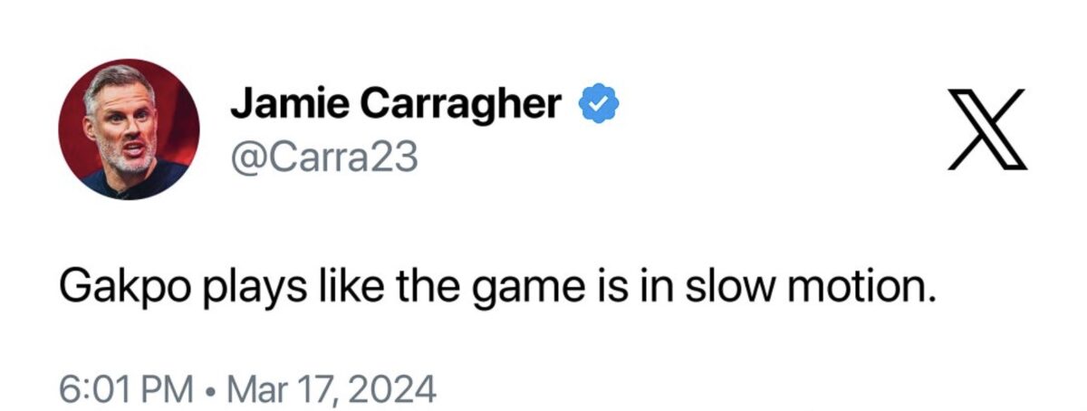 Former Liverpool player Jamie Carragher fueled the criticism against Cody Gakpo after Liverpool's loss against Manchester United in the FA Cup (Credit:X)