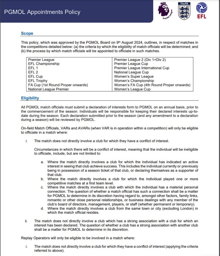 PGMOL's match officials appointment policy (Credit: resources.premierleague.com)