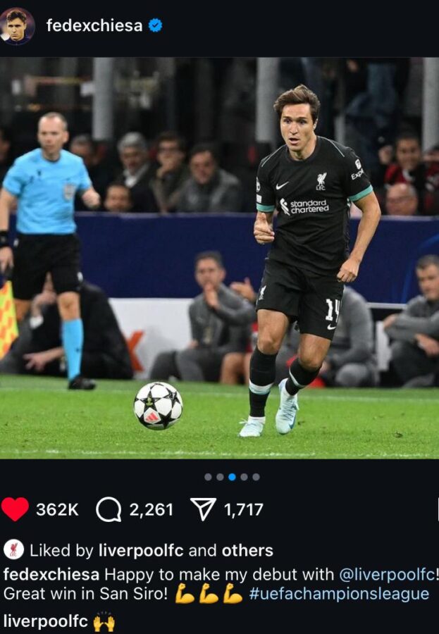 Liverpool new signing Federico Chiesa on Instagram: “Happy to make my debut with Liverpool! Great win in San Siro!”