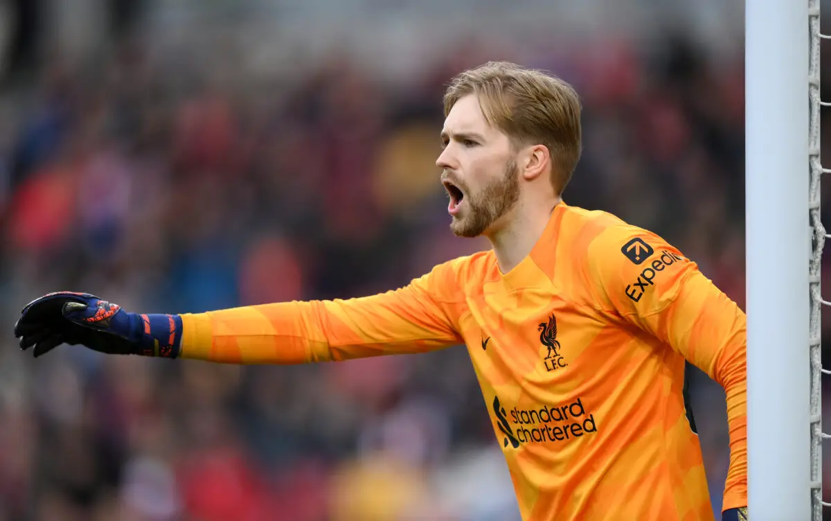 BRENTFORD, ENGLAND - FEBRUARY 17: Caoimhin Kelleher of Liverpool reacts during the Premier League match between Brentford FC and Liverpool FC at Gtech Community Stadium on February 17, 2024 in Brentford, England. (Photo by Justin Setterfield/Getty Images)