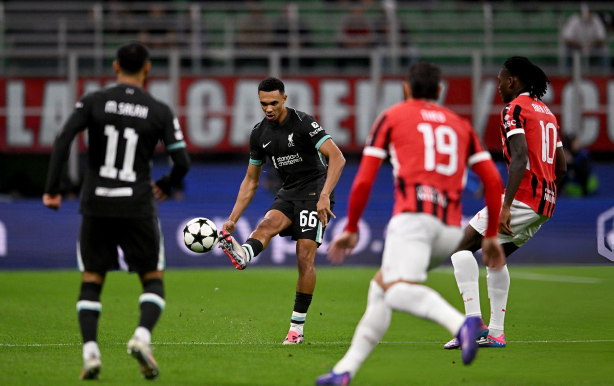 Vice-captain Trent Alexander-Arnold dinks the ball into the box for the Reds' equaliser. Liverpool vs AC Milan.