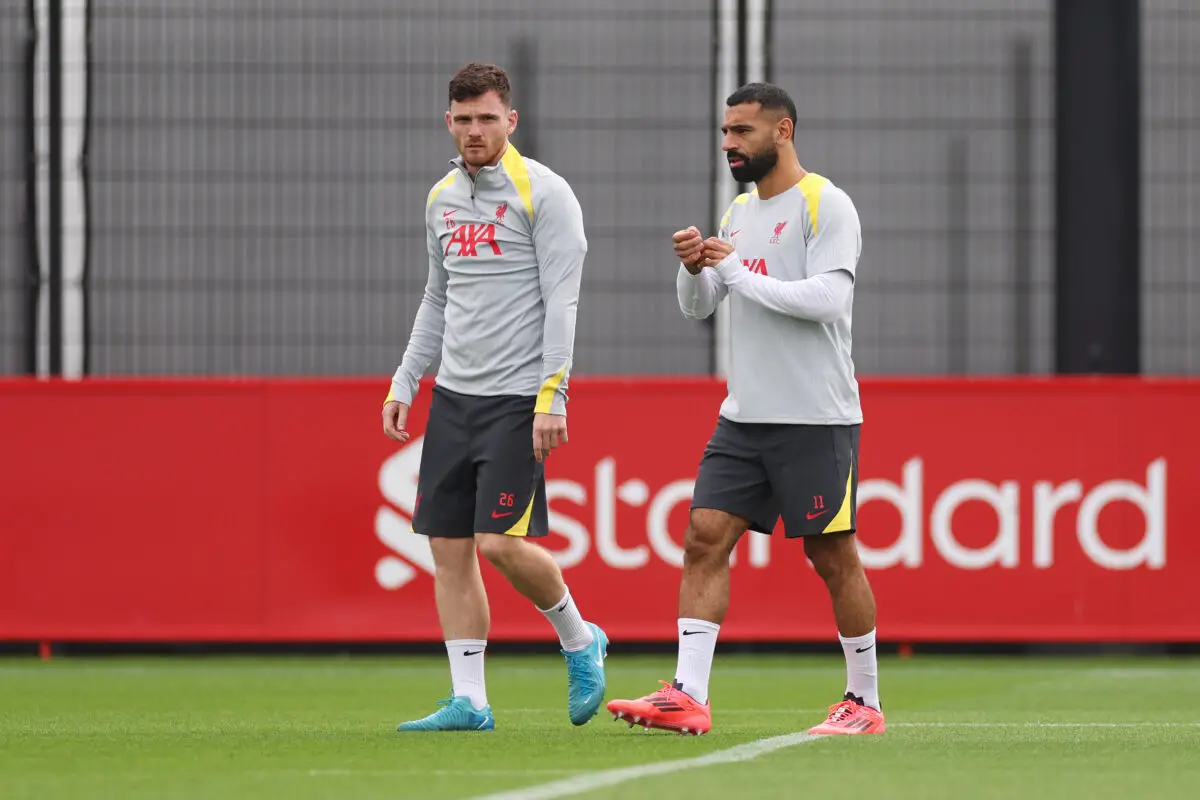 LIVERPOOL, ENGLAND - SEPTEMBER 16: Andy Robertson and Mohamed Salah of Liverpool walk out during the UEFA Champions League 2024/25 League Phase MD1 Training Session at AXA Melwood Training Centre on September 16, 2024 in Liverpool, England. (Photo by Lewis Storey/Getty Images)