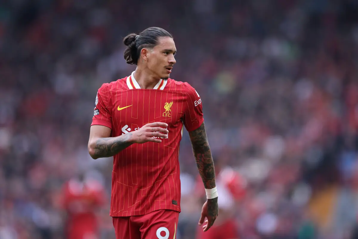 LIVERPOOL, ENGLAND - SEPTEMBER 21: Darwin Nunez of Liverpool FC reacts during the Premier League match between Liverpool FC and AFC Bournemouth at Anfield on September 21, 2024 in Liverpool, England. (Photo by Alex Livesey/Getty Images)