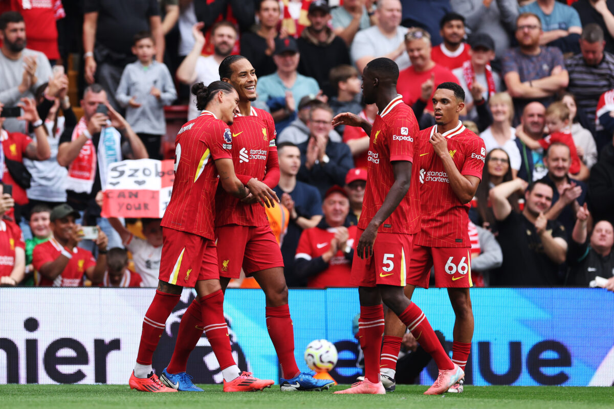 Darwin Nunez of Liverpool celebrates with Virgil van Dijk after scoring his first goal of the season (Photo by Alex Livesey/Getty Images)