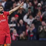 Liverpool’s Mohamed Salah celebrates scoring their side’s second goal during the Champions League opening phase match between Liverpool and Bologna at the Anfield stadium in Liverpool, England, Wednesday, Oct. 2, 2024. | Photo Credit: AP