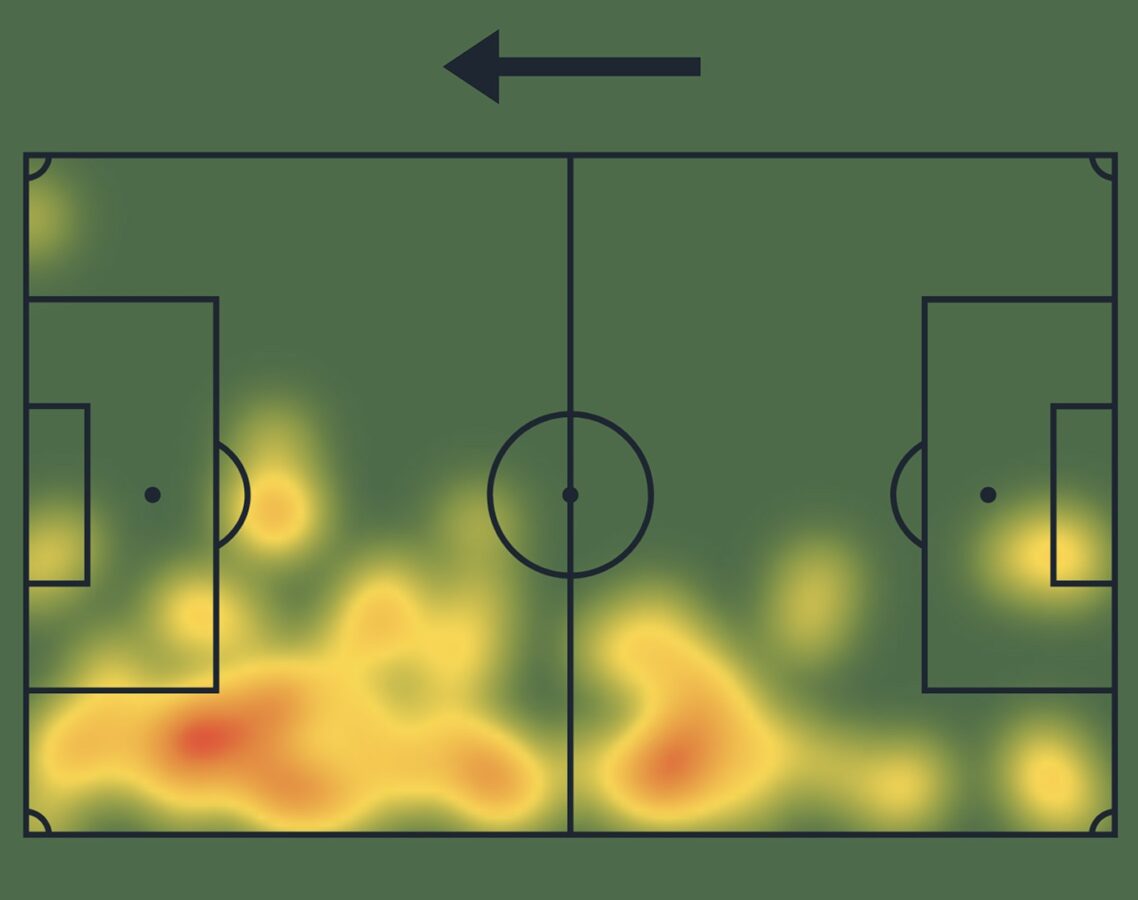 The heatmap of Liverpool attacker Cody Gakpo against Crystal Palace in the 0-1 victory on 9/6/2024. (Credit: SofaScore)