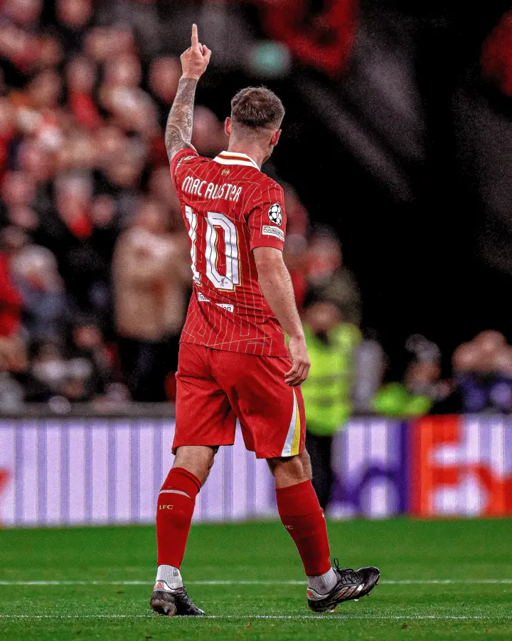 Liverpool star Alexis Mac Allister scored the first goal for his team against Bologna on the second Champions League game this season. (Credit: @premierleague/x)