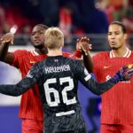 Ibrahima Konate, Liverpool players Caoimhin Kelleher and Virgil van Dijk (Credit: @lfc/x)