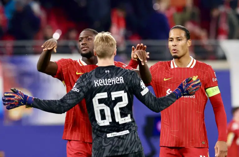 Ibrahima Konate, Liverpool players Caoimhin Kelleher and Virgil van Dijk (Credit: @lfc/x)