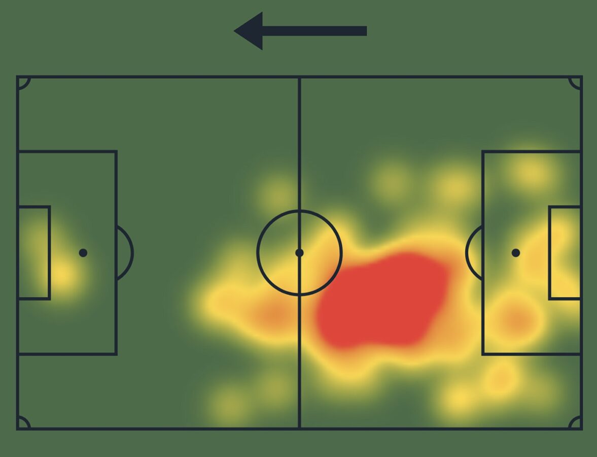 The heatmap of Liverpool captain Virgil van Dijk against Crystal Palace in the 0-1 victory on 9/6/2024. (Credit: SofaScore)