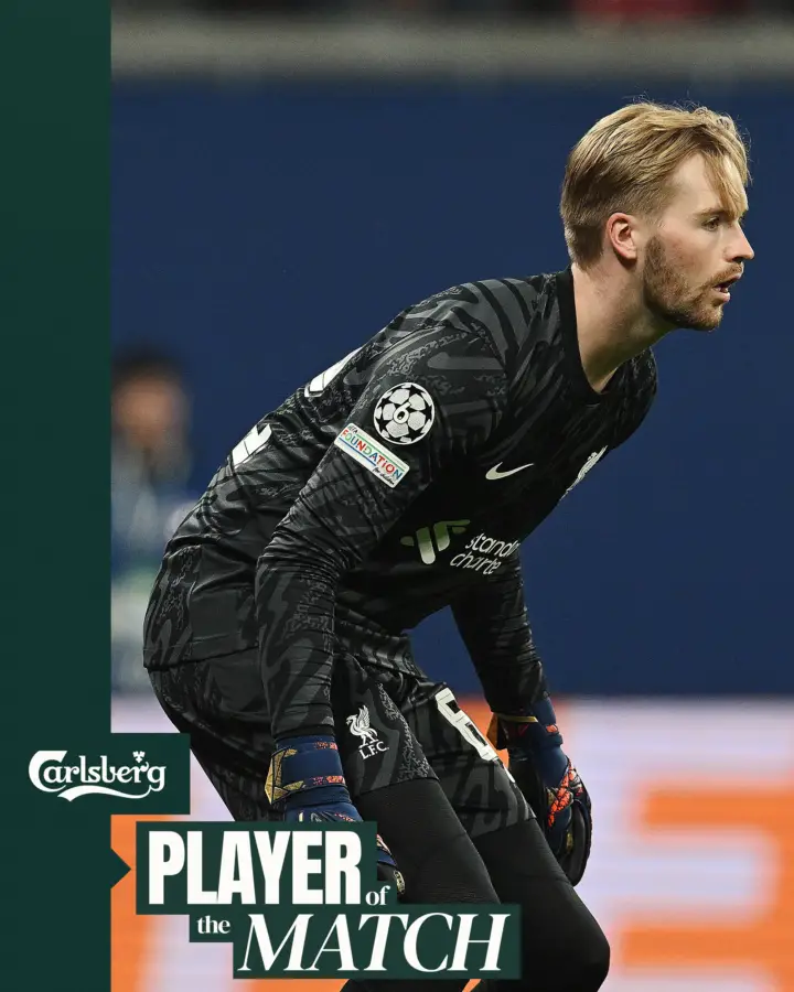 Liverpool fans voted for star goalkeeper Caoimhin Kelleher as their Carlsberg Player of The Match against RB Leipzig on Wednesday, 23-10-2024. (Credit- Liverpool FC Official Site [Liverpoolfc.com])