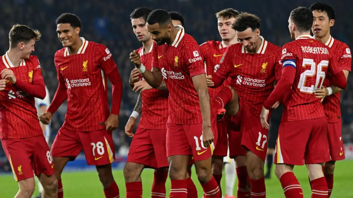 Liverpool star Cody Gakpo celebrating the goal with his teammates in the Carabao Cup 2-3 victory over Brighton & Hove Albion.