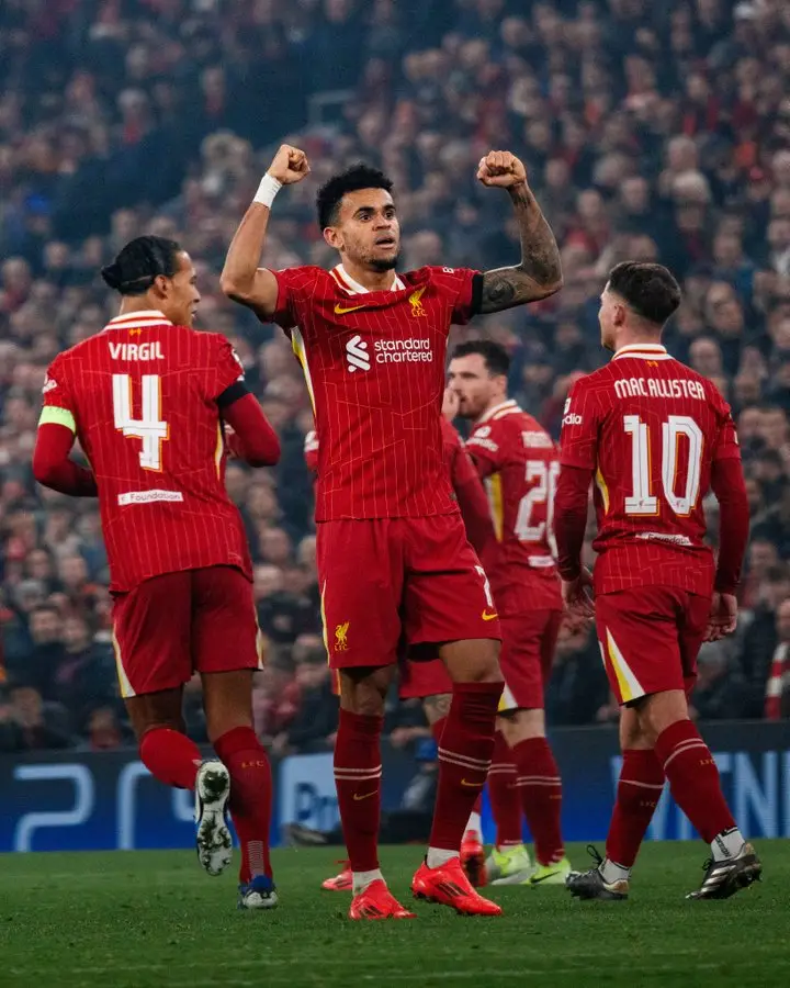 Liverpool star Luis Diaz celebrating his hattrick against Bayer Leverkusen in the 4-0 Champions League victory at Anfield. (Credit: Liverpoolfc.com)