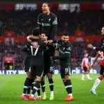 Liverpool team celebrating the goal from Dominik Szoboszlai against Southampton. (Photo credit: Liverpool FC/Liverpoolfc.com)