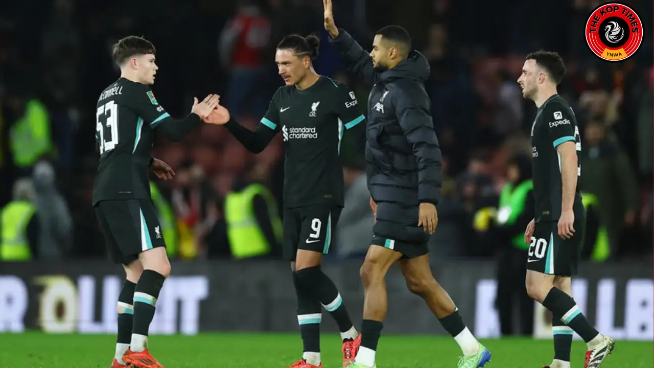 James McConnell (L), Darwin Nunez, Cody Gakpo and Diogo Jota celebrating Liverpool's 1-2 Carabao Cup win over Southampton.