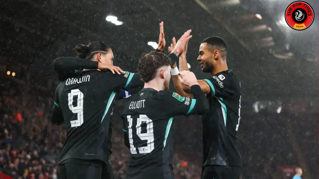 Darwin Nunez, Harvey Elliott and Cody Gakpo celebrating Liverpool's goal against Southampton