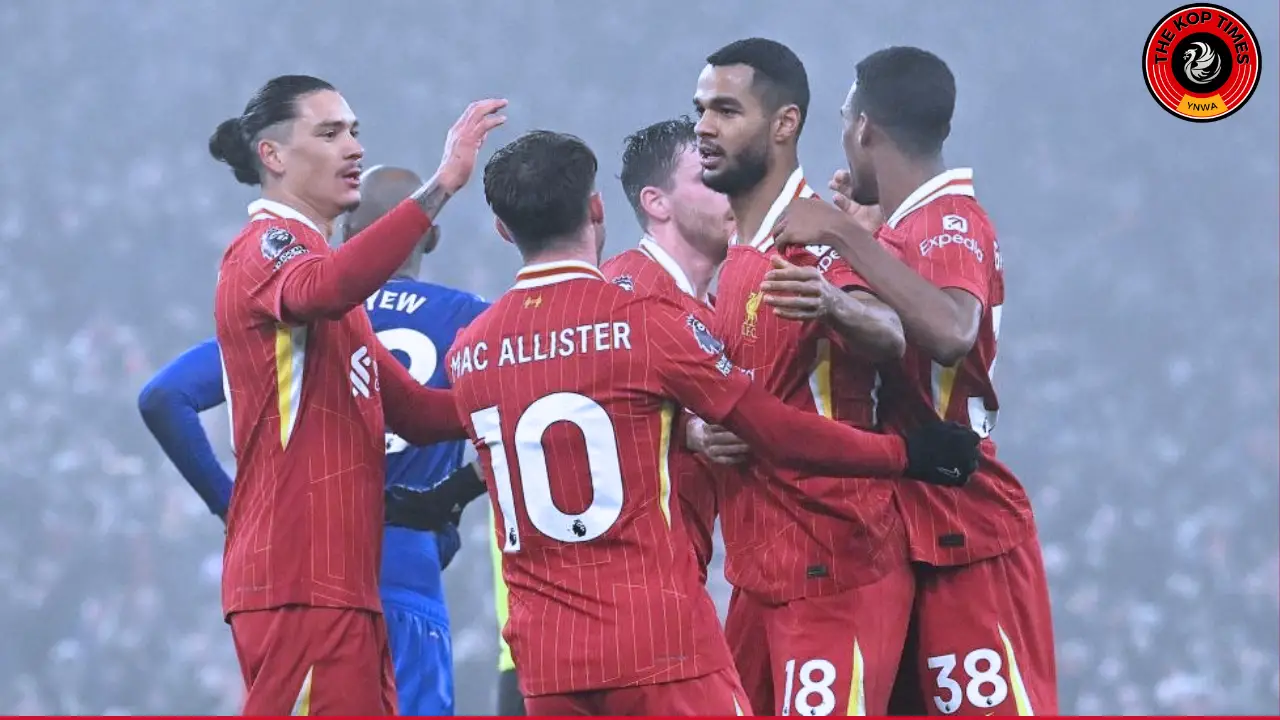 Liverpool star Cody Gakpo celebrating the goal against Leicester City with his teammates.
