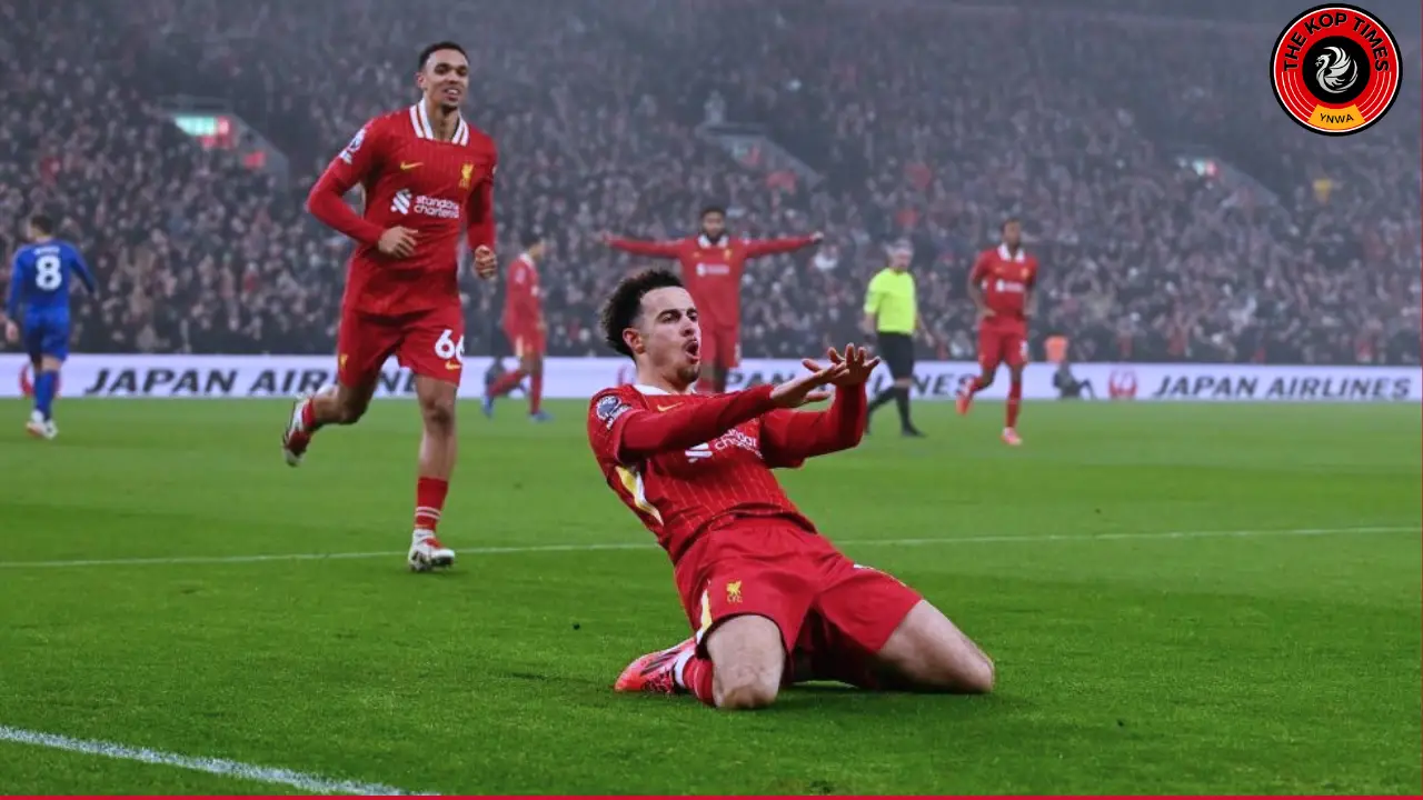 Liverpool star Curtis Jones celebrating his goal against Leicester City.