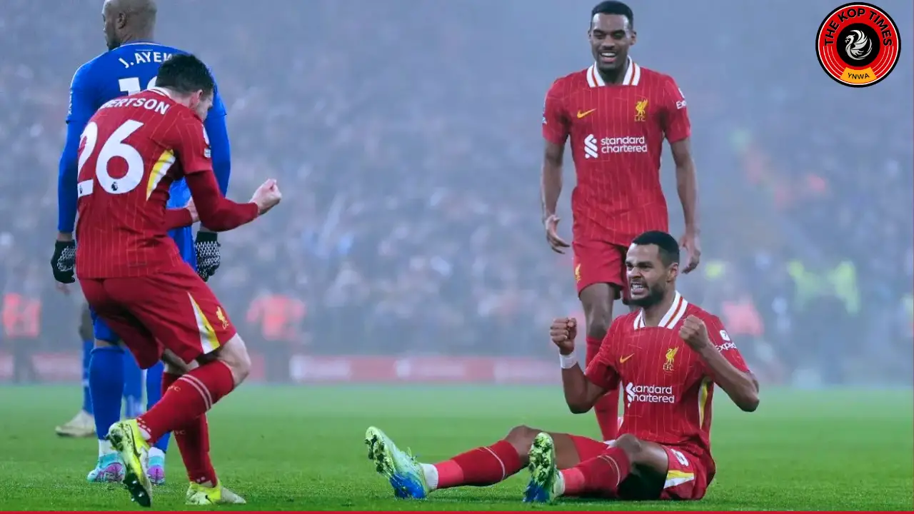 Cody Gakpo scored a sensational goal against Leicester City. Celebrating his goal with Andy Robertson and Ryan Gravenberch.