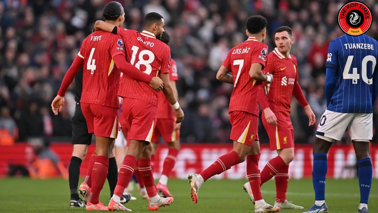 Liverpool star Cody Gakpo celebrating his goal against Ipswich Town with captain Virgil van Dijk, Luis Diaz and Andy Robertson