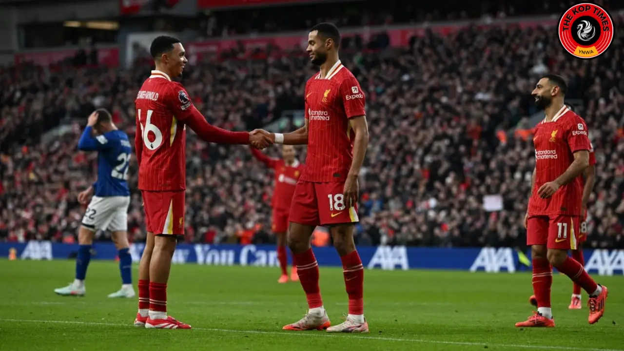 Liverpool star Cody Gakpo celebrating his second goal against Ipswich Town with assist-provider Trent Alexander-Arnold and legend Mohamed Salah.