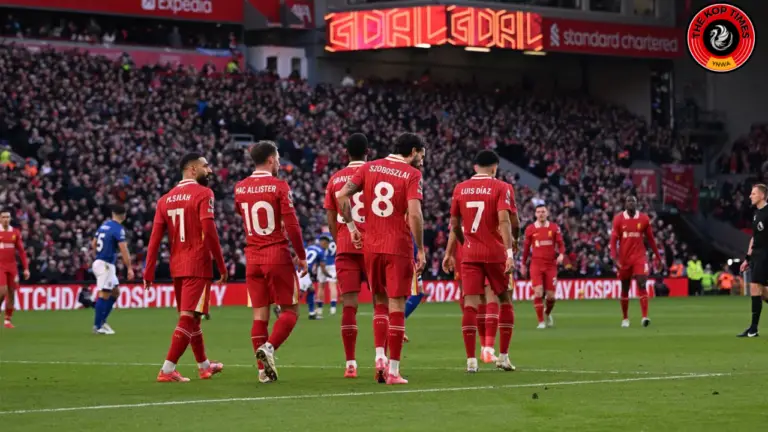 Mohamed Salah, Alexis Mac Allister, Ryan Gravenberch, Dominik Szoboszlai and Luis Diaz celebrating a goal from Szoboszlai against Ipswich Town