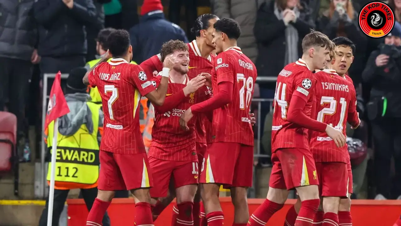 Liverpool team (from Left to Right) Luis Diaz, Harvey Elliott, Virgil van Dijk, Jarell Quansah, Conor Bradley, Kostas Tsimikas and Wataru Endo celebrating Elliott's winning goal against LOSC Lille.