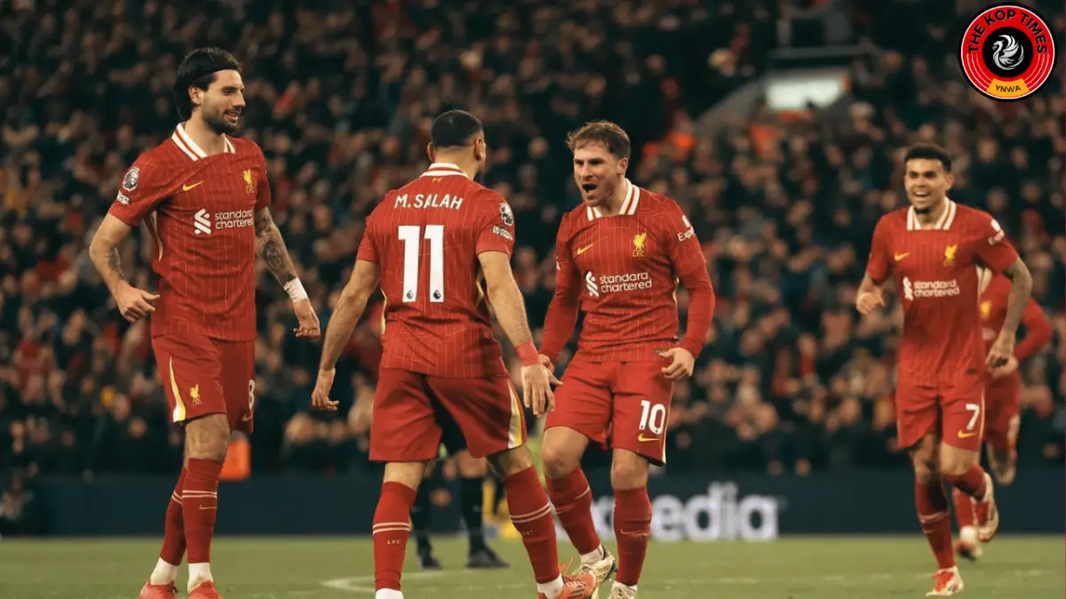 Dominik Szoboszlai, Mohamed Salah, Alexis Mac Allister and Luis Diaz celebrating the second goal for Liverpool against Newcastle United. Mac Allister scored the goal with Salah providing the assist.