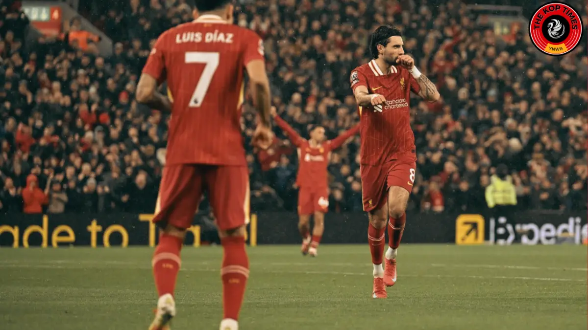 Liverpool star Dominik Szoboszlai celebrates his goal against Newcastle United with assist-provider Luis Diaz.