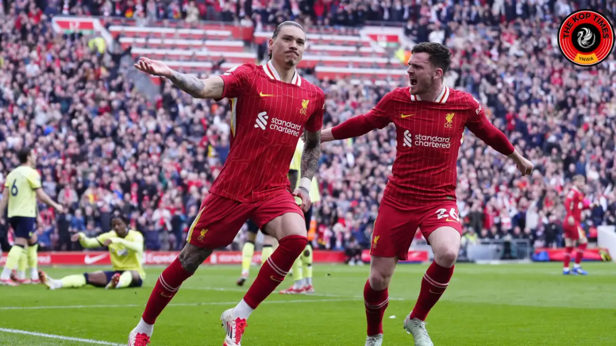 Liverpool forward Darwin Nunez celebrates his goal against Southampton during the 3-1 comeback victory.