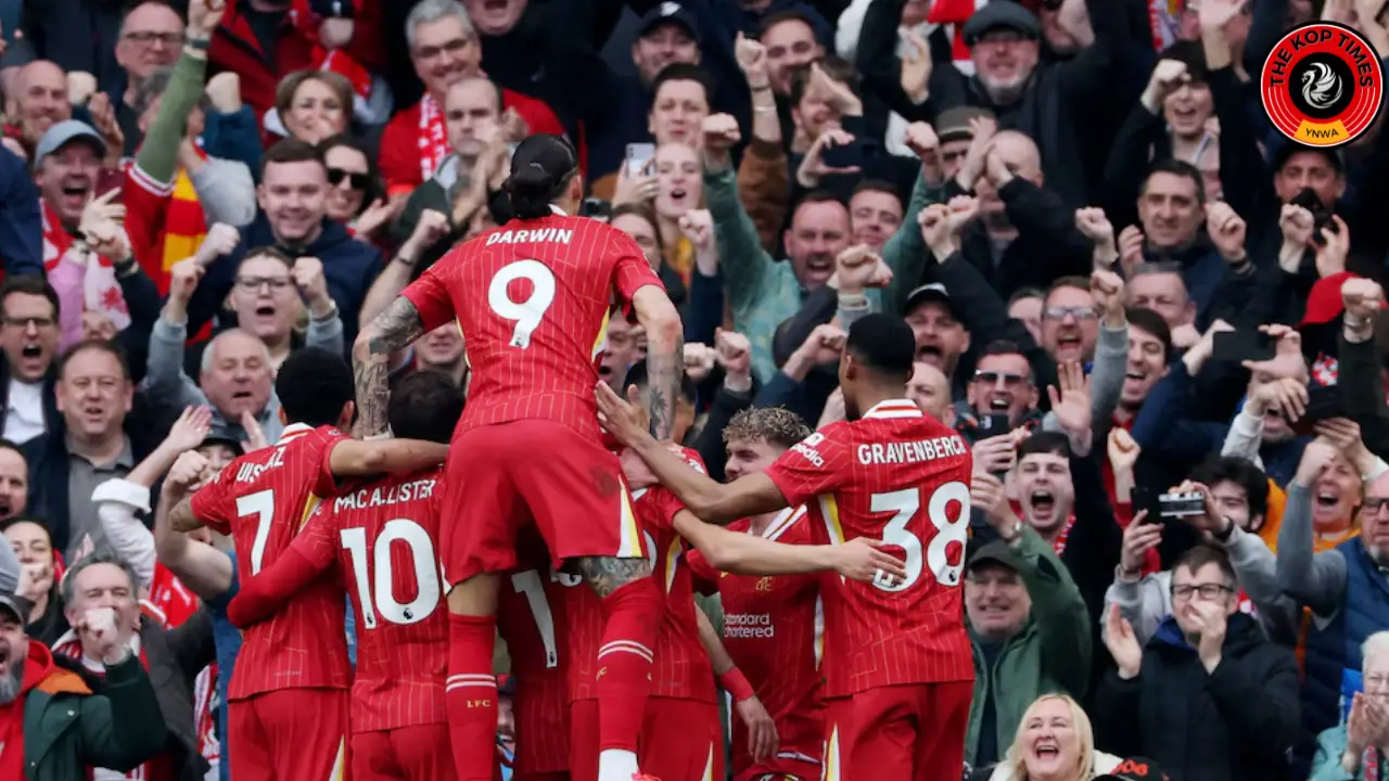 Liverpool players celebrate the penalty goal from Mohamed Salah against Southampton. Darwin Nunez won the penalty for the Reds during the 3-1 Premier League victory at Anfield.