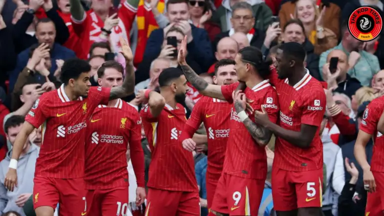 Liverpool players celebrate the penalty goal from Mohamed Salah against Southampton. Darwin Nunez won the penalty for the Reds during the 3-1 Premier League victory at Anfield.