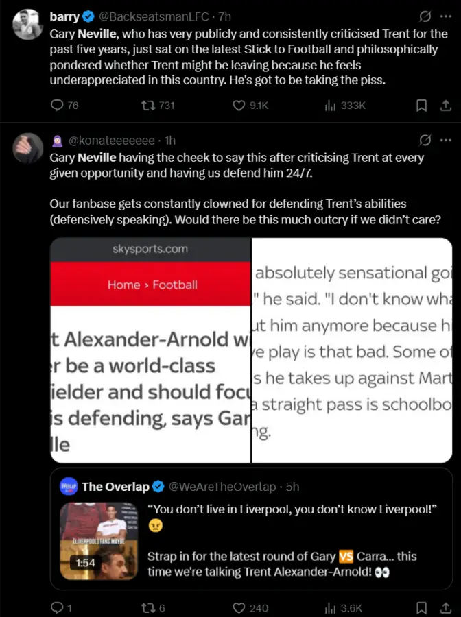 Liverpool fans reacting to Gary Neville's opinion about the Kopites and Trent Alexander-Arnold.