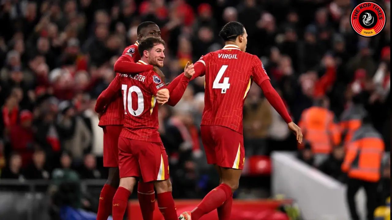 Liverpool captain Virgil van Dijk and Ibrahima Konate celebrate the second goal for Liverpool against Newcastle United with goal-scorer Alexis Mac Allister.