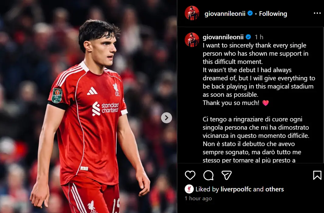 Giovanni Leoni sent a message to Liverpool fans after suffering an injury against Southampton. (via Instagram)