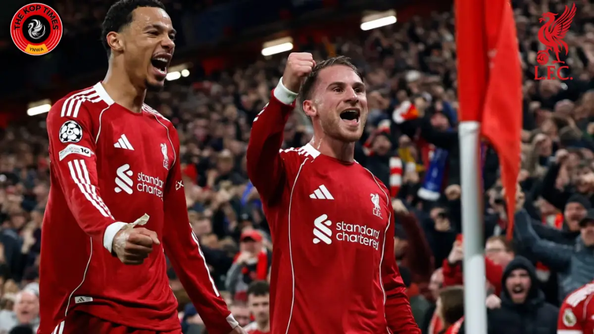Liverpool star Alexis Mac Allister is celebrating his goal against Real Madrid with teammate Hugo Ekitike (L). 